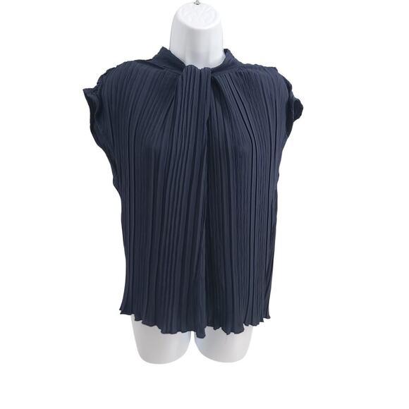 Melloday pleated design flutter sleeve women's blouse navy blue Sz Small office - Picture 2 of 7